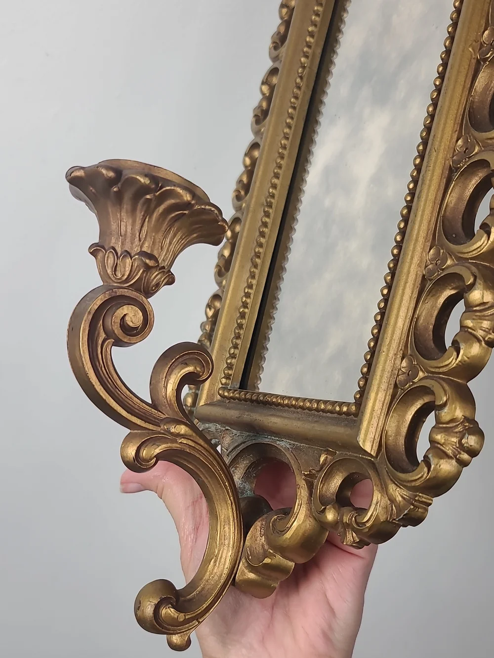 Vtg 1972 MCM Homeco Dart Gold-Tone Gilded Taper Candlestick Mirror Wall Sconce